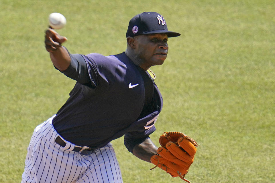 New York Yankees' pitcher Domingo German delivers during the first inning of a spring training exhibition baseball game against the Philadelphia Phillies in Tampa, Fla., Monday, March 15, 2021. (AP Photo/Gene J. Puskar)