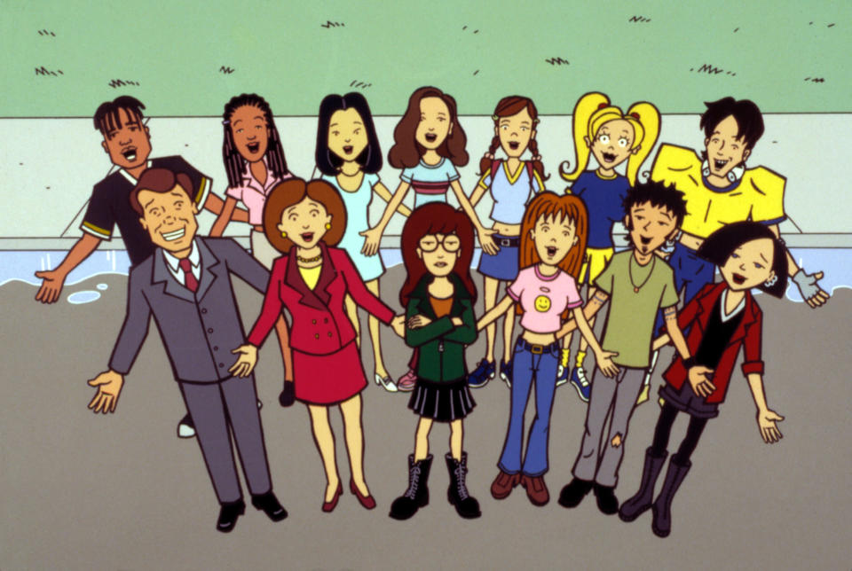 the cartoon cast of Daria looking up towards the camera with their arms out