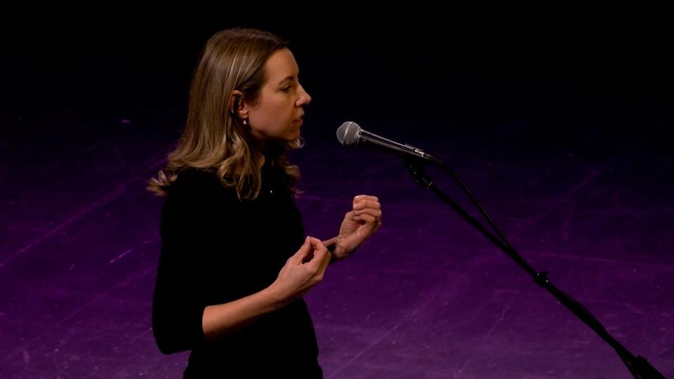 Sarah Trone Garriott tells her story during the Des Moines Storytellers Project's "Love" on Tuesday, Feb. 14, 2023 at Hoyt Sherman Place.