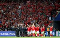 Football Soccer - Wales v Belgium - EURO 2016 - Quarter Final - Stade Pierre-Mauroy, Lille, France - 1/7/16 Wales players celebrate at the end of the game REUTERS/Pascal Rossignol Livepic