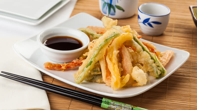 plate of tempura shrimp and vegetables