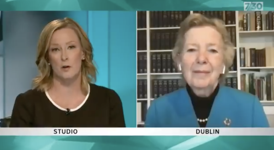 Mary Robinson speaking with 730 host journalist Leigh Sales. Source:  ABC