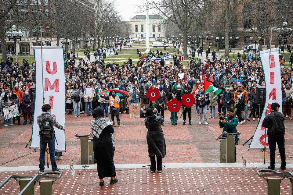 University of Michigan's Shut It Down party's Alifa Chowdhury speaks as students walk out for to protest university administration's proposed disruptive activity policy at U-M's Diag in Ann Arbor on Thursday, April 4, 2024.