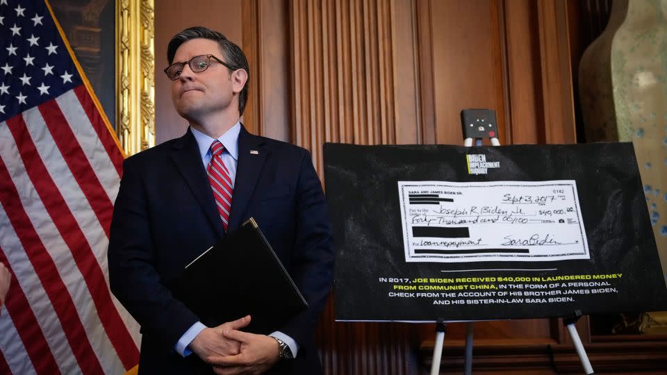 House Speaker Mike Johnson attends a news conference about a range of issues, including the impeachment inquiry into President Joe Biden, at the US Capitol on November 29 in Washington, DC. - Drew Angerer/Getty Images