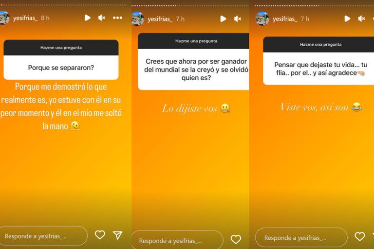 Yésica Frías confirmó la separación y apuntó contra Exequiel Palacios en sus historias de Instagram