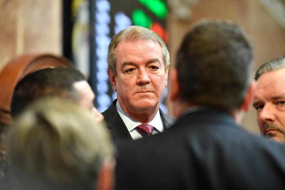 Kentucky Speaker of The House David Osborne speaks to House members during a brief recess during debate on Senate Bill 150 at the Kentucky House of Representatives in Frankfort, Ky., Thursday, March 16, 2023. (AP Photo/Timothy D. Easley)