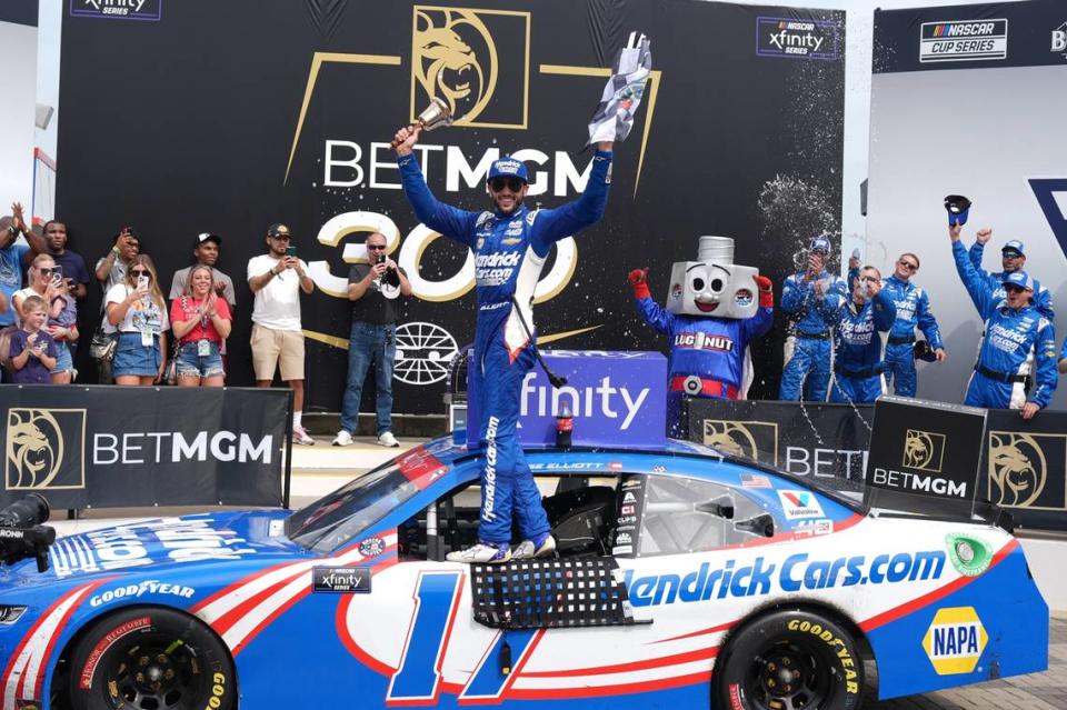 May 25, 2024; Concord, North Carolina, USA; NASCAR Cup Series driver Chase Elliott (17) celebrates in victory lane after winning the BETMGM 300 at Charlotte Motor Speedway.