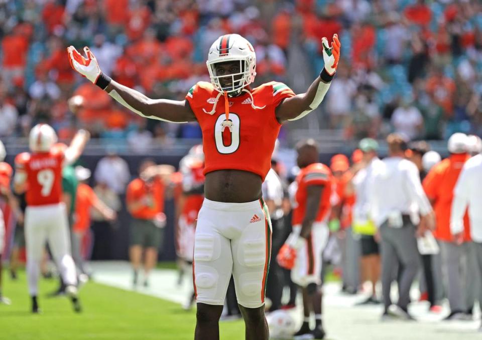 Miami Hurricanes safety James Williams (0) looks on before of the start of an ACC football game against the Michigan State Spartans at Hard Rock Stadium on Saturday, September 18, 2021 in Miami Gardens, Florida.