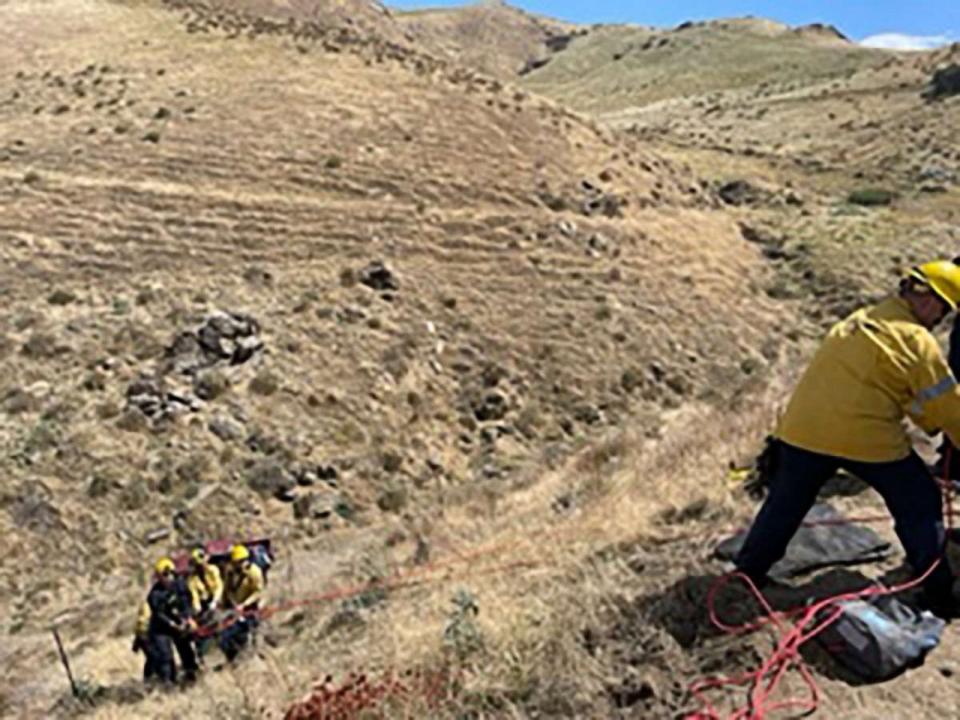 PHOTO: Kern County Fire Department rescued a person from a pickup truck that was found in the bottom of a 100-foot ravine between the communities of Arvin and Stallion Springs, Calif., Sept. 2, 2023. (Kern County Fire Department)