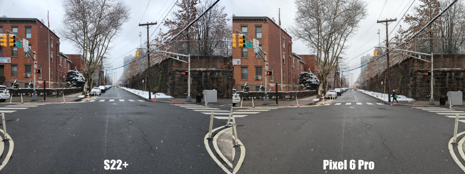 <p>A photo comparison between the S22 and Pixel 6 Pro taken while snowing.</p>
