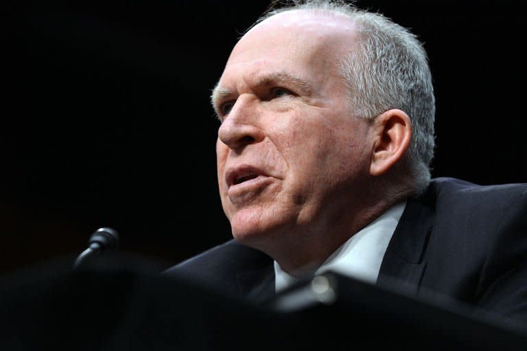 John Brennan, US President Barack Obama's pick to lead the CIA, testifies in Washington on February 7, 2013. Protesters denouncing US drone attacks disrupted the hearing