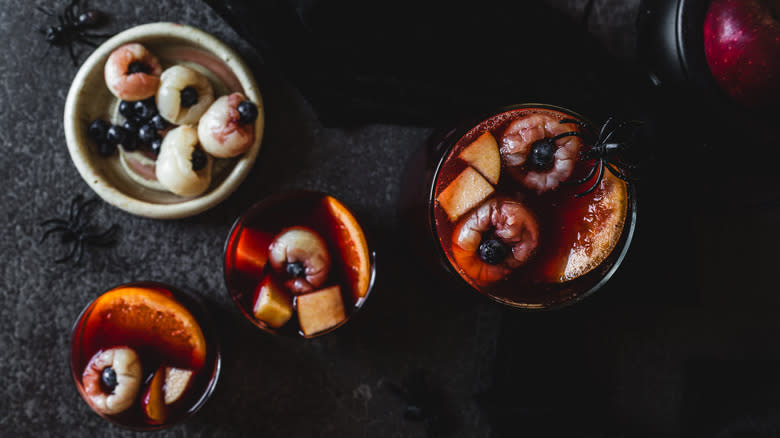 Sangria pitcher, sangria glasses with litchi eyeballs