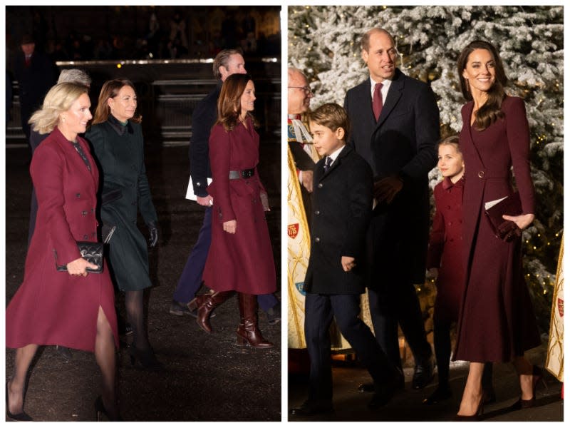 Left: Zara Tindall, Michael Middleton, Carole Middleton, James Matthews and Pippa Middleton attend the 'Together at Christmas' Carol Service at Westminster Abbey on December 15, 2022 in London, England. Right: Prince William, Kate Middleton, Prince George, and Princess Charlotte at the same event. The royals matched in maroon.