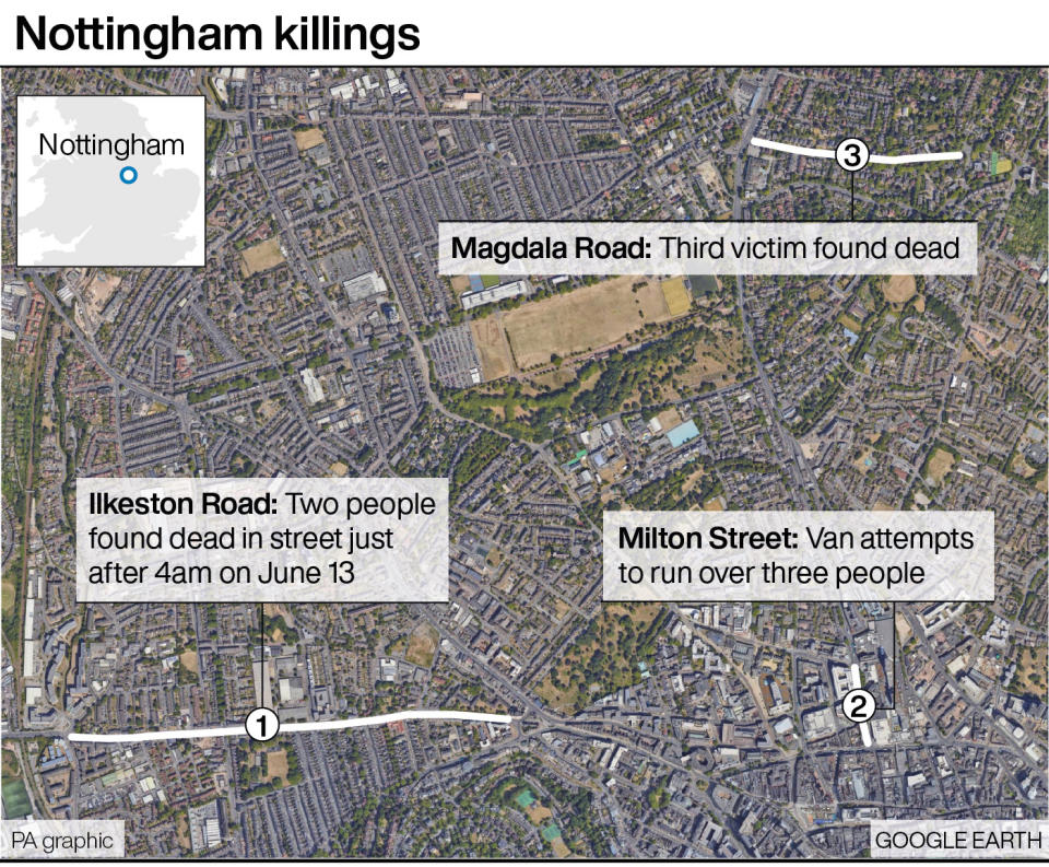 A map of Nottingham showing where the three incidents occurred on Tuesday morning. (PA)