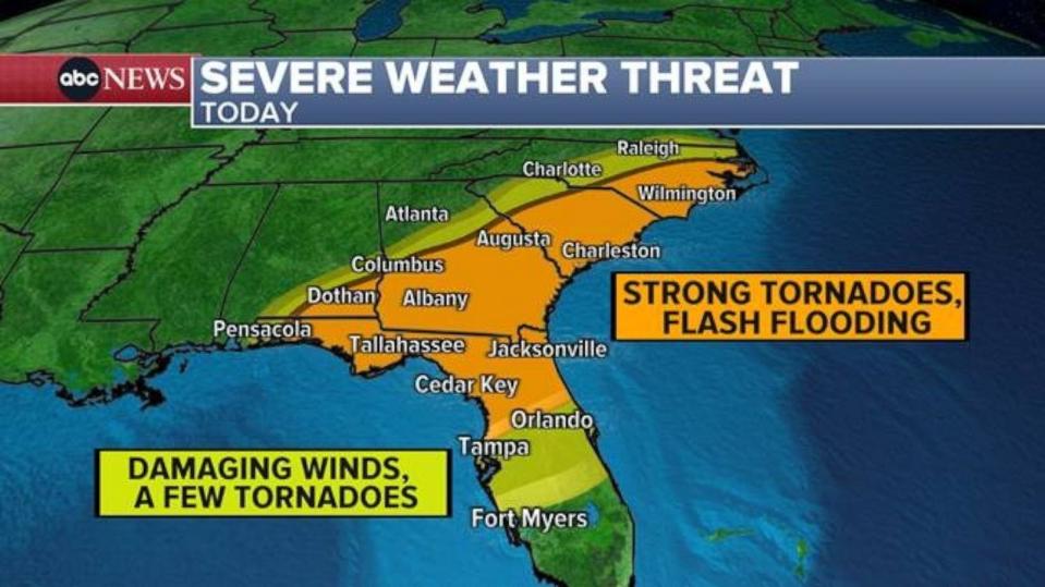 PHOTO: Strong storms with possible tornadoes are targeting the Southeast on Tuesday, Jan. 9, 2024. (ABC News)