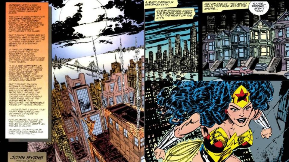 Gateway City, the '90s home of Wonder Woman, as illustrated by John Byrne. 