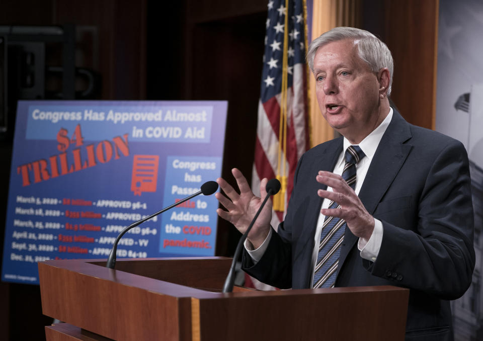 Sen. Lindsey Graham, R-S.C., leads a Republican news conference during a delay in work on the Democrats' $1.9 trillion COVID-19 relief bill, at the Capitol in Washington, Friday, March 5, 2021. (AP Photo/J. Scott Applewhite)