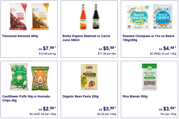 Health foods on sale as Special Buys at Aldi.