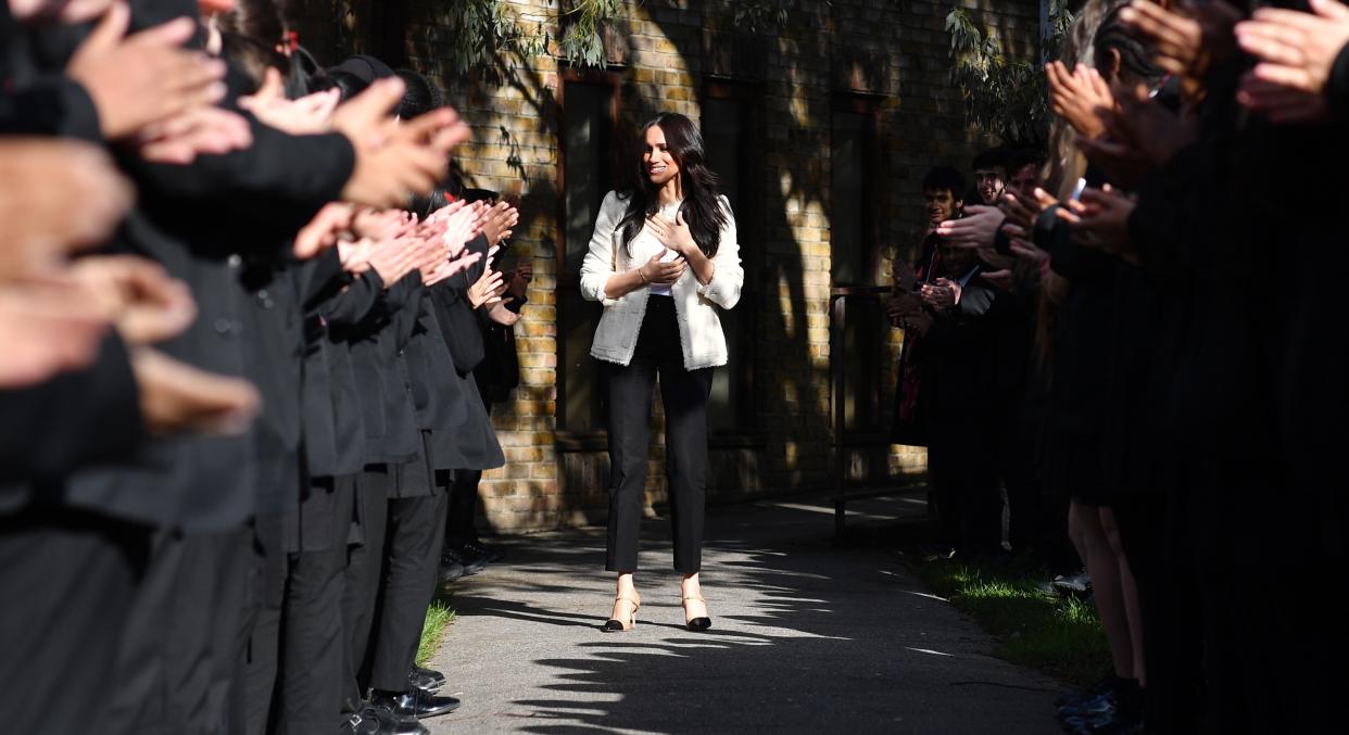 Meghan Markle has shared a behind-the-scenes video from her trip to a school to mark International Women's Day [Image: Getty]