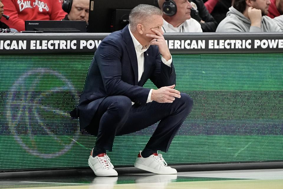 Nov 15, 2023; Columbus, OH, USA; Ohio State Buckeyes head coach Chris Holtmann reacts during the second half of the NCAA men’s basketball game against the Merrimack College Warriors at Value City Arena. Ohio State won 76-52.