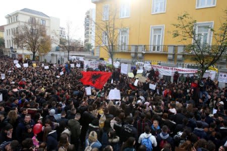 Thousands of students of public universities protest against higher tuition fees in front of the Ministry of Education in Tirana, Albania, December 11, 2018. REUTERS/Florion Goga