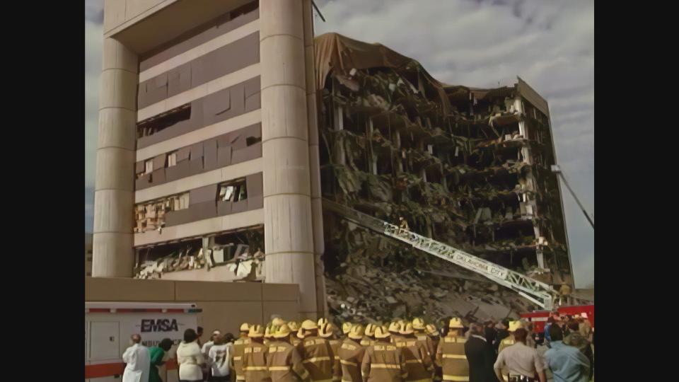 The Alfred P. Murrah Federal Building in Oklahoma City is shown after it was bombed on April 19, 1995, in a still from the new HBO Original documentary “An American Bombing: The Road to April 19th." The film is premiering at 8 p.m. Tuesday, April 16 on HBO and will be available to stream on Max.