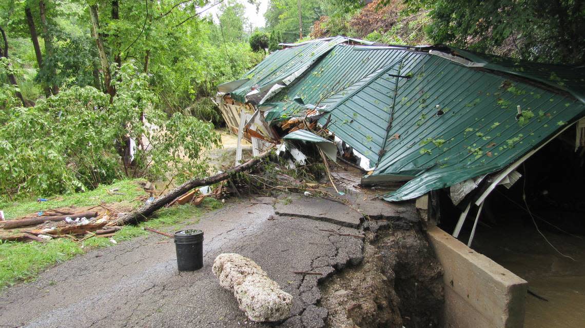 Flash flooding in Perry County, Ky., on July 28, 2022 washed a mobile home owned by Eunice Howard more than 100 yards down Grapevine Creek and smashed it against a bridge.