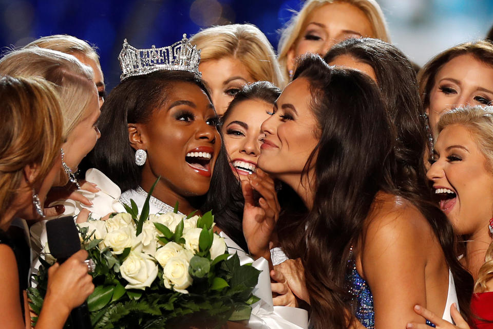 Miss New York Nia Imani Franklin reacts to winning Miss America in Atlantic City, N.J., on Sunday, Sept. 9. Contestants did not have to appear in a swimsuit, which Franklin said she was “happy” about at a post-crowning press conference. (Photo: Carlo Allegri/Reuters)