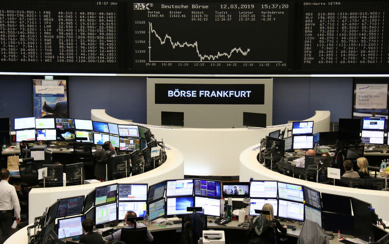 FILE PHOTO: The German share price index DAX graph is pictured at the stock exchange in Frankfurt, Germany, March 12, 2019. REUTERS/Staff