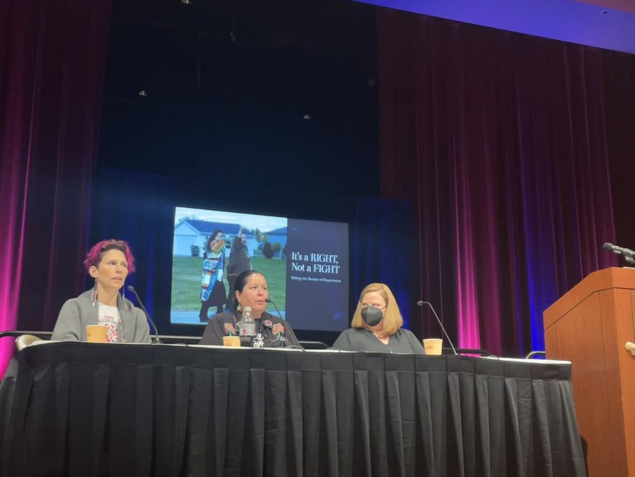 From left to right: Shannon O’Loughlin, Shannon Martin, and Melanie O’Brien led a panel on shifting the burden of NAGPRA work from the tribes to the museums on Oct 12 in New Buffalo, Mich. (Photo: Jenna Kunze for Native News Online)