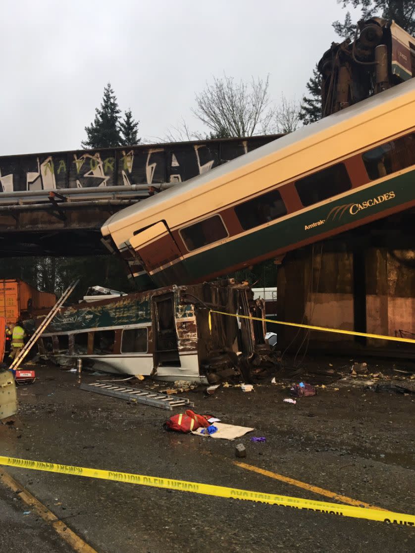 The Amtrak train derailed while traveling over Interstate 5 in Washington state.