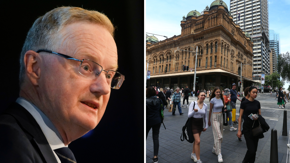 Economic RBA boss Philip Lowe is wearing glasses and speaking at an event.IN the other pic shoppers in the Sydney CBD walk past the Queen Victoria Building.