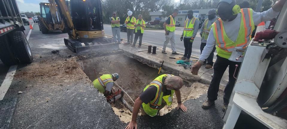 Daytona Beach city workers spent nine hours on Feb. 16 fixing a broken reclaimed water line beneath Nova Road at its intersection with Bellevue Avenue. City officials say a crew installing fiber optic cable for Metronet damaged the pipe.