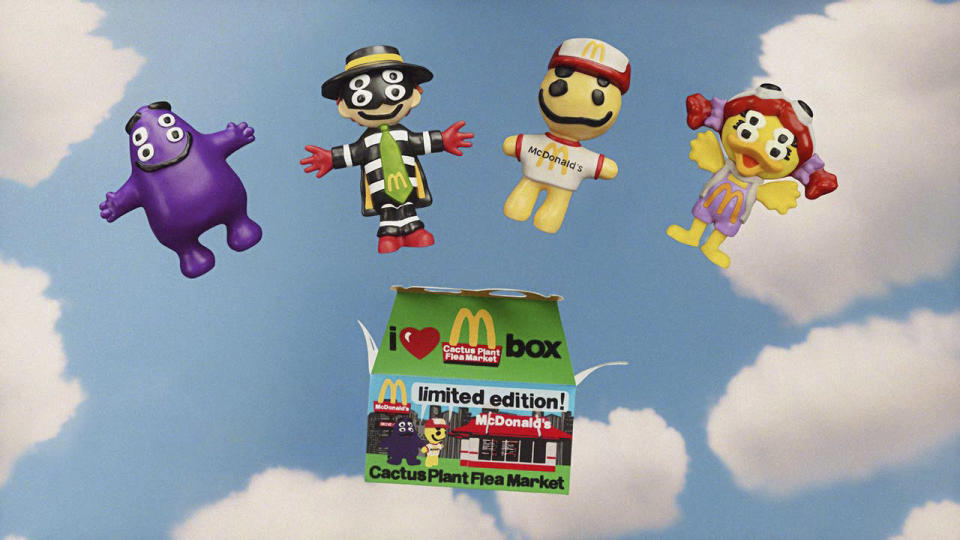 This image provided by McDonald's shows McDonald’s Happy Meal that features the Cactus Plant Flea Market toys. Nostalgia sells and marketers know it, having used the brands of yesteryear fully aware that consumers will willingly open their wallets to scratch that sentimental itch. That winning formula is being tweaked increasingly to create hybrids, however, products that possess the same heartfelt recognition, with a twist. (McDonald's via AP)