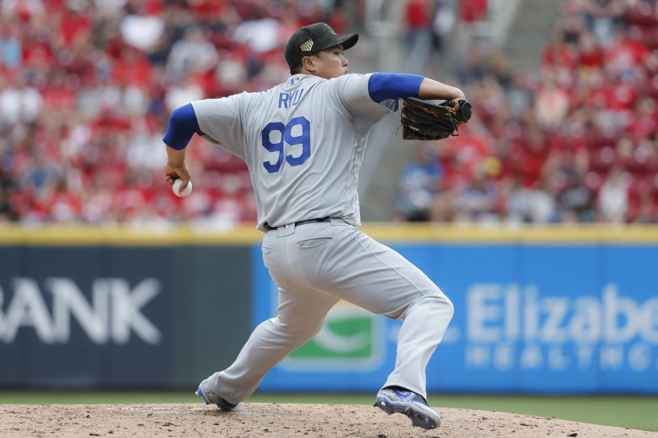 Los Angeles Dodgers starting pitcher Hyun-Jin Ryu throws in the seventh inning of a baseball game against the Cincinnati Reds, Sunday, May 19, 2019, in Cincinnati. (AP Photo/John Minchillo)