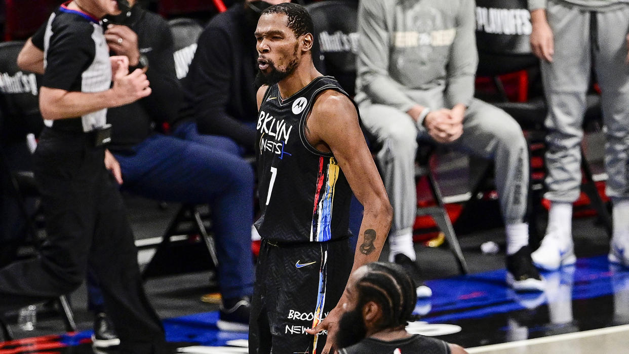 NEW YORK, NEW YORK - JUNE 15:  Kevin Durant #7 of the Brooklyn Nets celebrates against the Milwaukee Bucks in Game Five of the Second Round of the 2021 NBA Playoffs at Barclays Center on June 15, 2021 in New York City. NOTE TO USER: User expressly acknowledges and agrees that, by downloading and or using this photograph, User is consenting to the terms and conditions of the Getty Images License Agreement. (Photo by Steven Ryan/Getty Images)