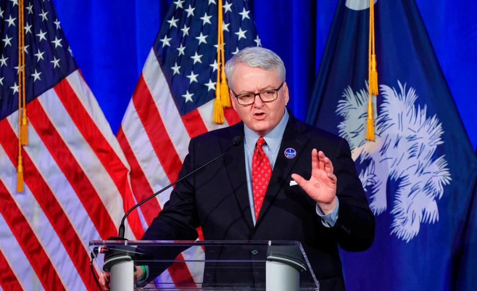 South Carolina Treasurer Curtis Loftis speaks as he celebrates his election win during celebration at the University of South Carolina Alumni Center in Columbia on Tuesday, Nov. 08, 2022.