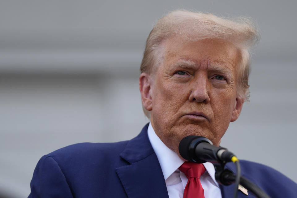 Republican presidential nominee former President Donald Trump speaks at a news conference at Trump National Golf Club, Thursday, Aug. 15, 2024, in Bedminster, N.J. (AP Photo/Julia Nikhinson)