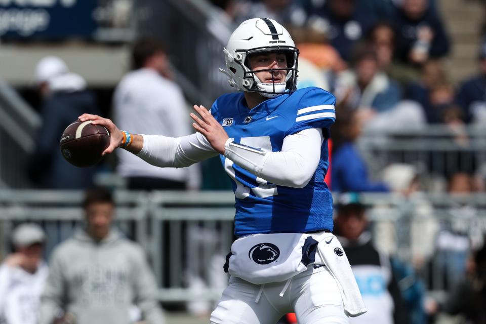 Apr 13, 2024; University Park, PA, USA; Penn State Nittany Lions quarterback Ethan Grunkemeyer (17) throws a pass during the second quarter of the Blue White spring game at Beaver Stadium. The White team defeated the Blue team 27-0. Mandatory Credit: Matthew O'Haren-USA TODAY Sports