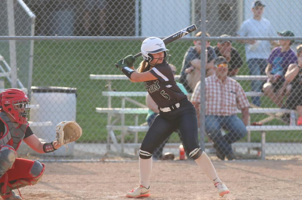 Andrea Nardini waits for the pitch during a doubleheader against Earlham on Thursday, May 25, 2023, in Woodward.