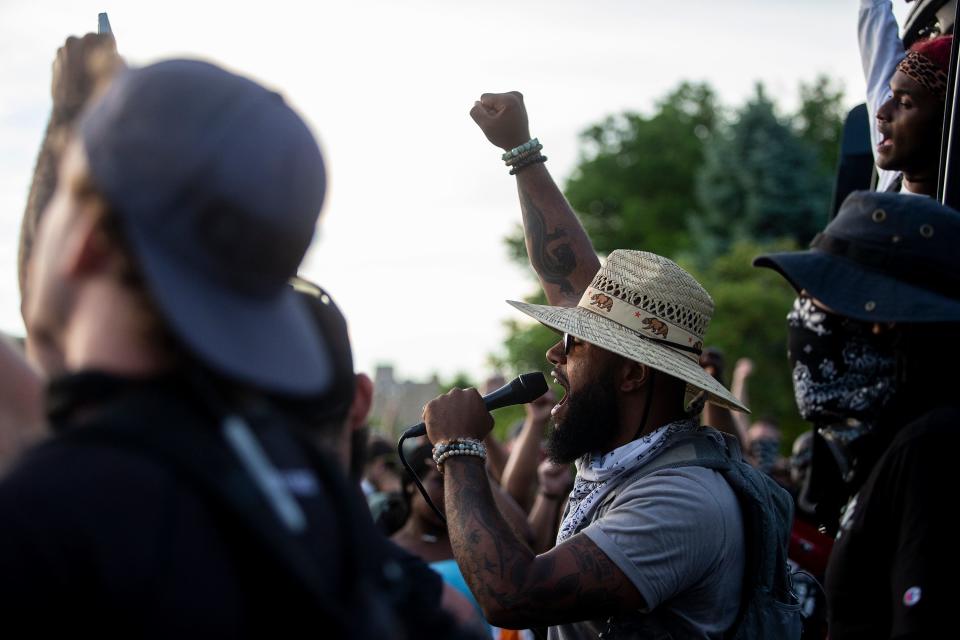 Billy Weathers leads a chant at the end of a protest march on Monday, June 8, 2020, in West Des Moines.