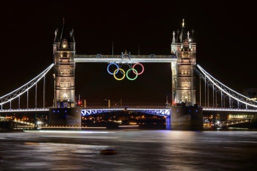 Tower Bridge adorned with the Olympic Rings is seen on late July 25, two days before the start of the London 2012 Olympic Games. An expectant London is preparing to launch the greatest sporting show on earth with excitement reaching fever pitch hours ahead of the opening ceremony