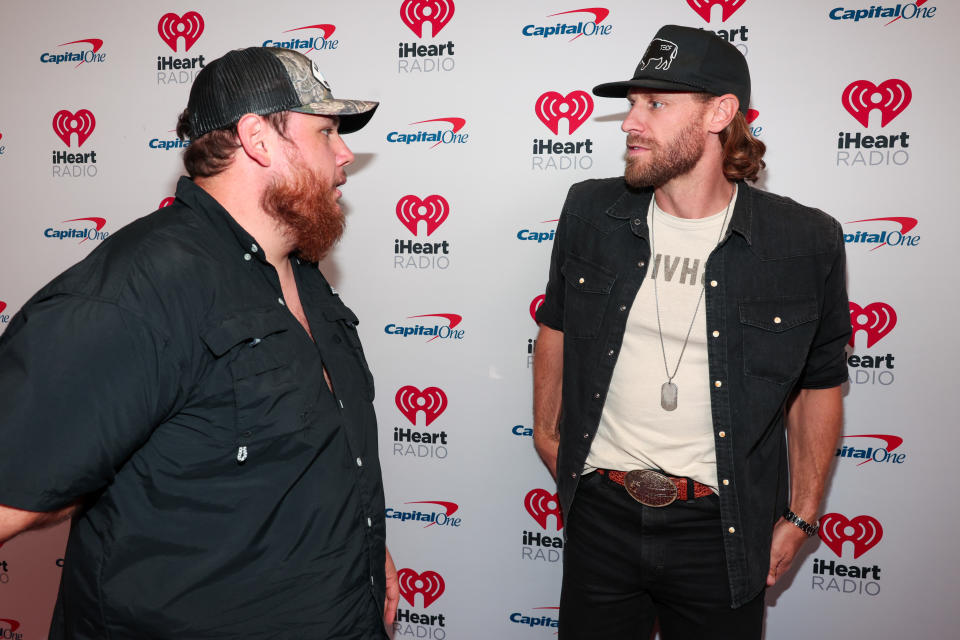 Luke Combs and Chase Rice during night two of the iHeartRadio Music Festival held at T-Mobile Arena on September 24, 2022 in Las Vegas, Nevada.