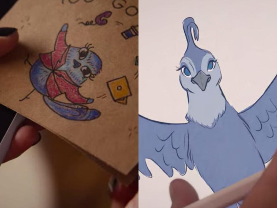 side by side screenshots of two bluebirds natalie drew in look both ways