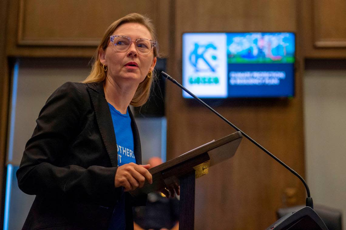 Robin Ganahl, chair of the climate protection steering committee, spoke during a Kansas City’s Transportation, Infrastructure and Operations Committee meeting at Kansas City Hall on Wednesday, Aug. 24, 2022. The committee was voting on a resolution regarding the city’s new climate plan.