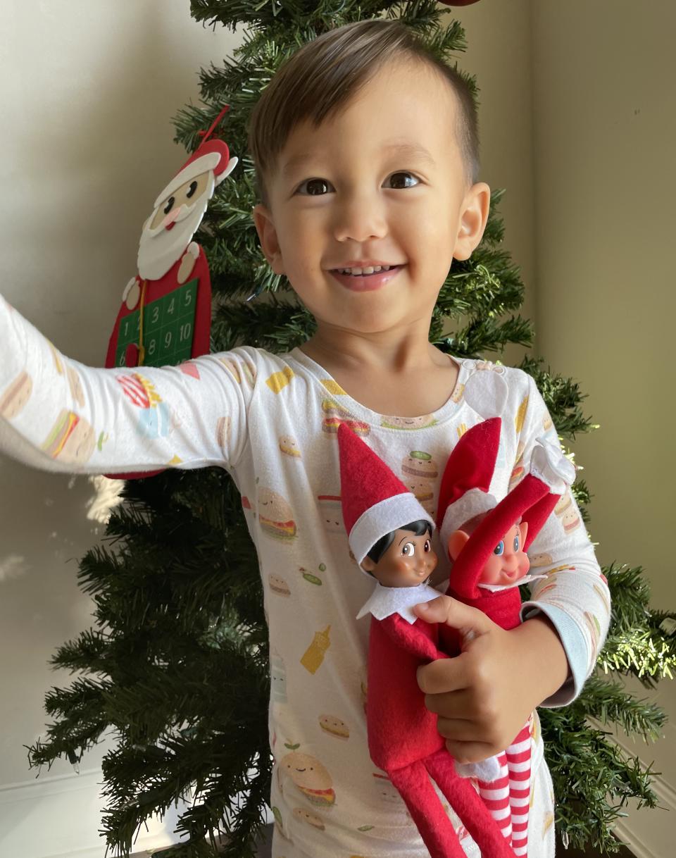 Natasha Huang Smith, an Asian mom from Florida, says she's been thrilled to find Elf on the Shelf toys in various skin tones to share with her son, Jackson. (Photo: Natasha Huang Smith)
