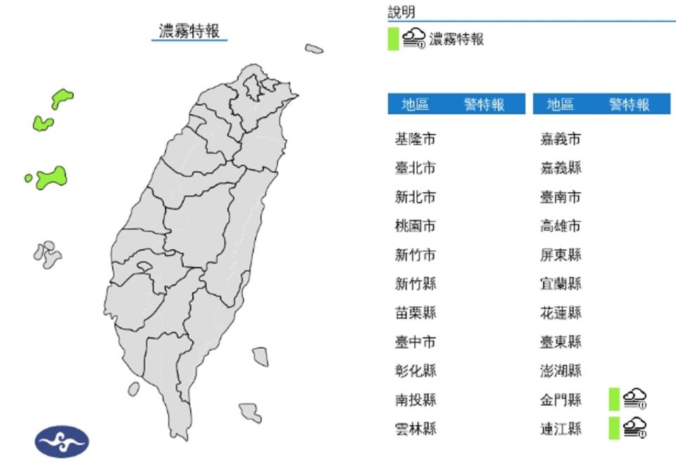 中央氣象署發布濃霧特報。（翻攝自中央氣象署）