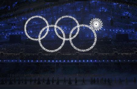 Participants march by as one of the Olympic Rings fails to completely illuminate during the opening ceremony of the 2014 Sochi Winter Olympics, February 7, 2014. REUTERS/Phil Noble