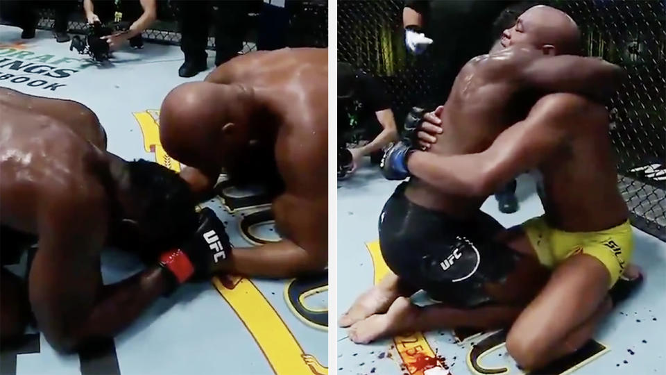 A 50-50 split image shows the emotional scenes between Uriah Hall and Anderson Silva after their UFC bout.