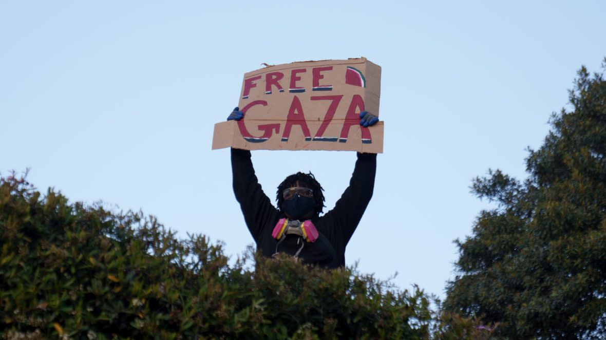 A pro-Palestine protestor in an encampment at UCLA on May 1, 2024 in Los Angeles, California. The camp was declared 'unlawful' by the university and many protestors have been detained. Pro-Palestinian encampments have sprung up at college campuses around the country with some protestors calling for schools to divest from Israeli interests amid the ongoing war in Gaza. (Photo by Eric Thayer/Getty Images)